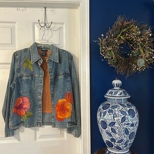 Women’s West End Boho Hippie Applique Floral Sequin Trim Denim Jacket Sz S